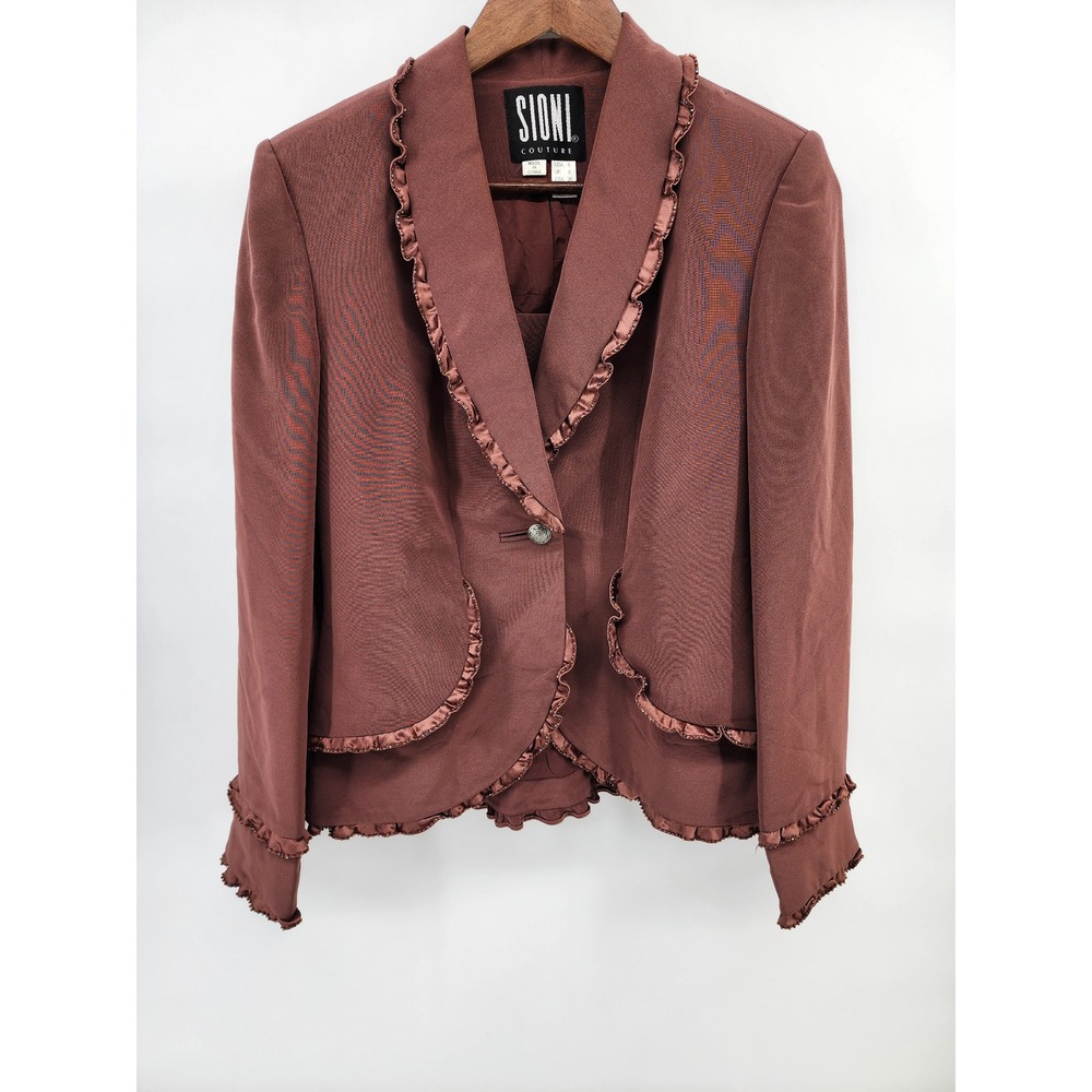Sioni Couture‎ Womens Brown Ruffle Beaded Trim Blazer Jacket Size 6 Tri-Acetate